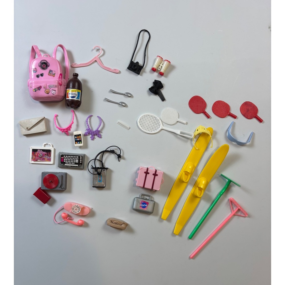 Vintage Barbie Accessory Lot Skis Backpack Camera Laptop Soda Phone Camera